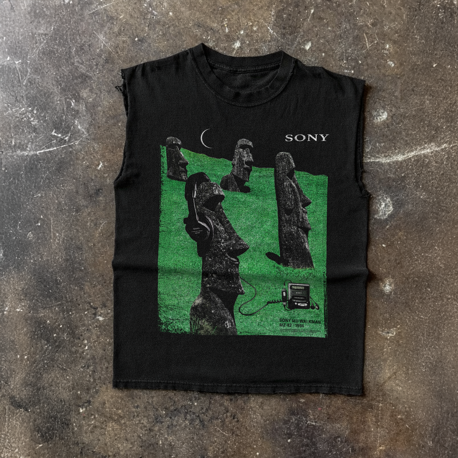 1994 Sony 'Easter Island' Walkman Md Heavy Faded Cut-Off Black Tee