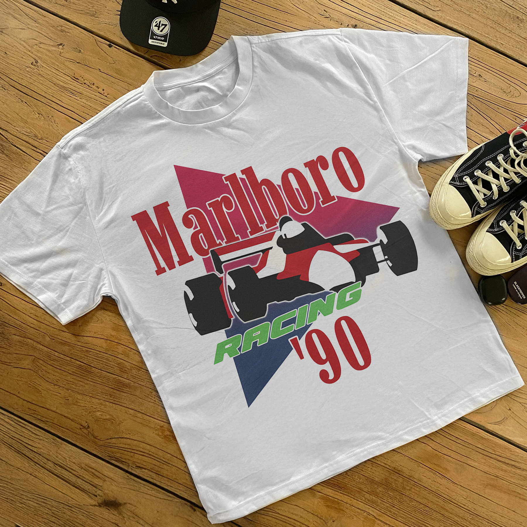 90年代 Marlboro Racing XL Tシャツ MARLBORO RACING '90 HEAVYWEIGHT WHITE T-SHIRT – AOCTW