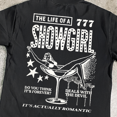 VEGAS SWIFT 'LIFE OF A SHOWGIRL' BLACK HEAVY FADED TEE