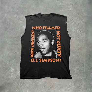 RETRO OJ SIMPSON 'WHO FRAMED OJ' 1995 HEAVY BLACK CUT-OFF TEE