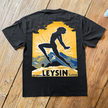 VINTAGE POSTER 'LEYSIN SWITZERLAND' BLACK HEAVYWEIGHT T-SHIRT