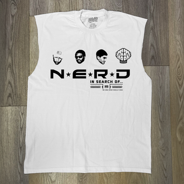 VINTAGE N.E.R.D 2002 'IN SEARCH OF' MERCH HEAVYWEIGHT WHITE CUT-OFF T-SHIRT