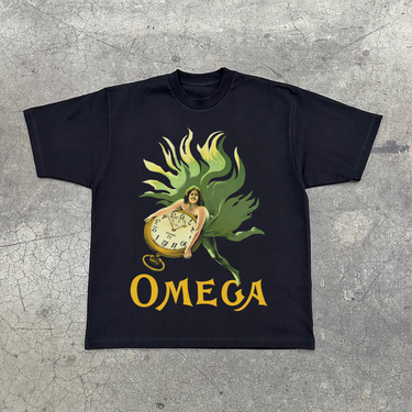 VINTAGE 'OMEGA TIMEPIECE' POSTER HEAVYWEIGHT BLACK T-SHIRT