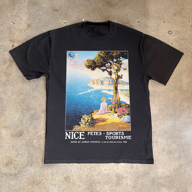 BEATIFUL 'NICE' FRENCH TOURISM POSTER TEE HEAVY FADED BLACK