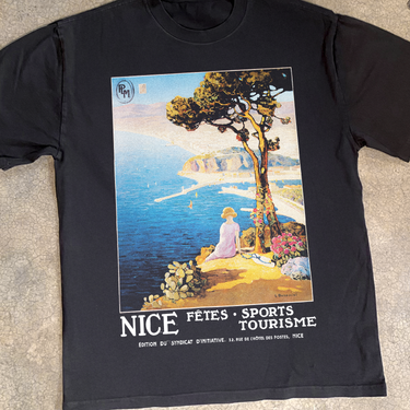 BEATIFUL 'NICE' FRENCH TOURISM POSTER TEE HEAVY FADED BLACK