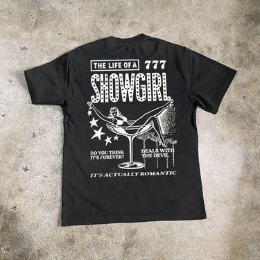 VEGAS SWIFT 'LIFE OF A SHOWGIRL' BLACK HEAVY FADED TEE